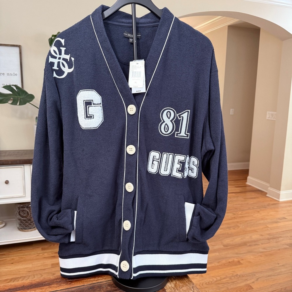 Guess Noele Boucle Cardigan Navy Varsity Logo Sweater NEW XL Sporty Preppy 90's